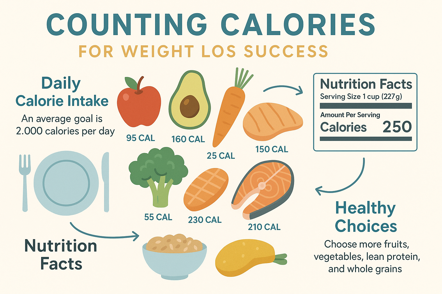 Educational poster on counting calories for weight loss featuring flat vector illustrations of healthy foods with calorie counts, daily intake recommendations, nutrition label tips, and healthy choice guidance. Light pastel background with sans-serif fonts for readability and motivational wellness focus.